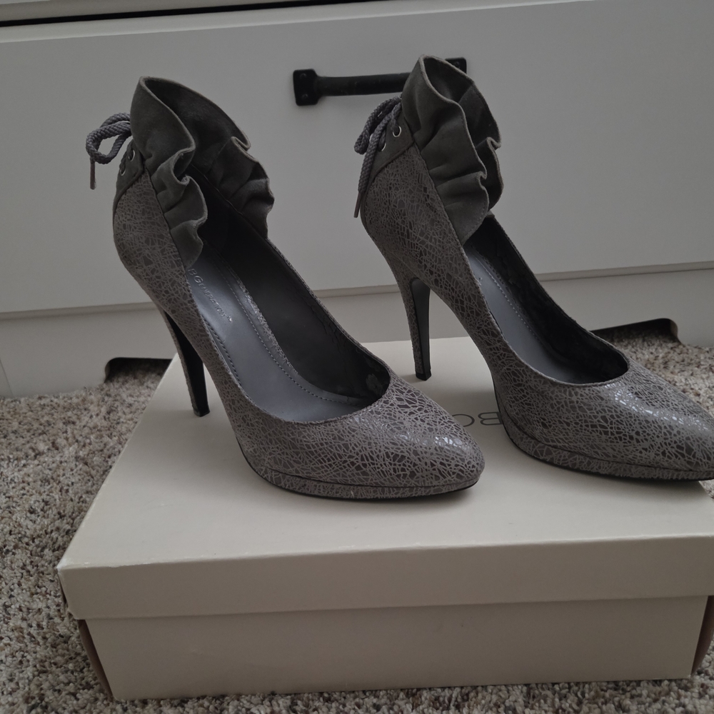 BCBGeneration Textured Gray Heels with Ruffle Accent